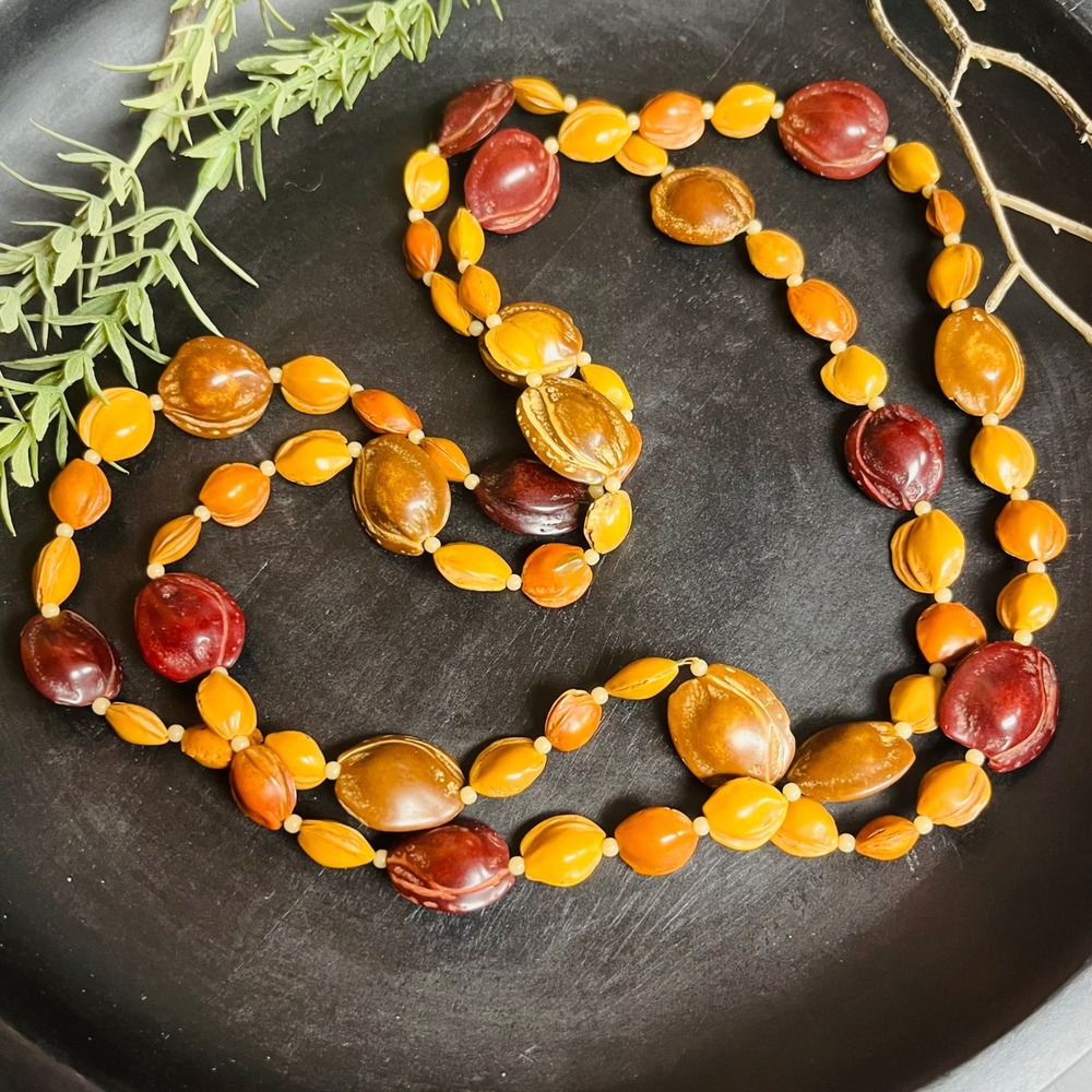 Vintage Samhain Nut Necklace Autumn Orange Red| Witch Harvest, Ancestral‎ Season